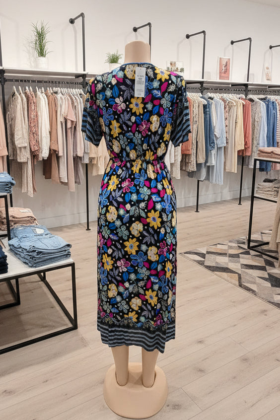Vestido Floral Largo con Escote en V | Semitejido con Elástico en Cintura