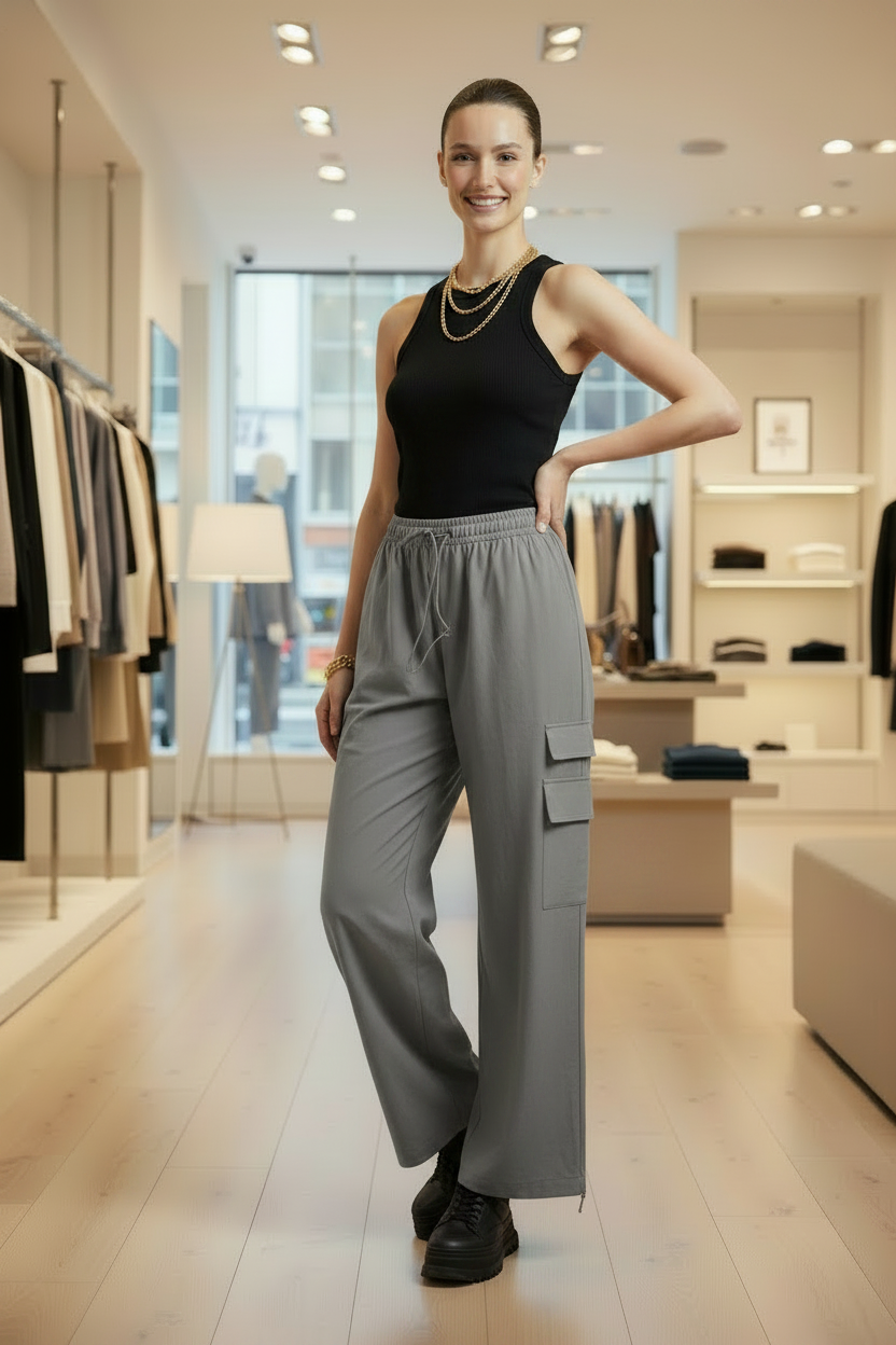 Pantalón Cargo con Bolsillos y Elástico en Cintura | Marrón, Verde, Negro & Gris