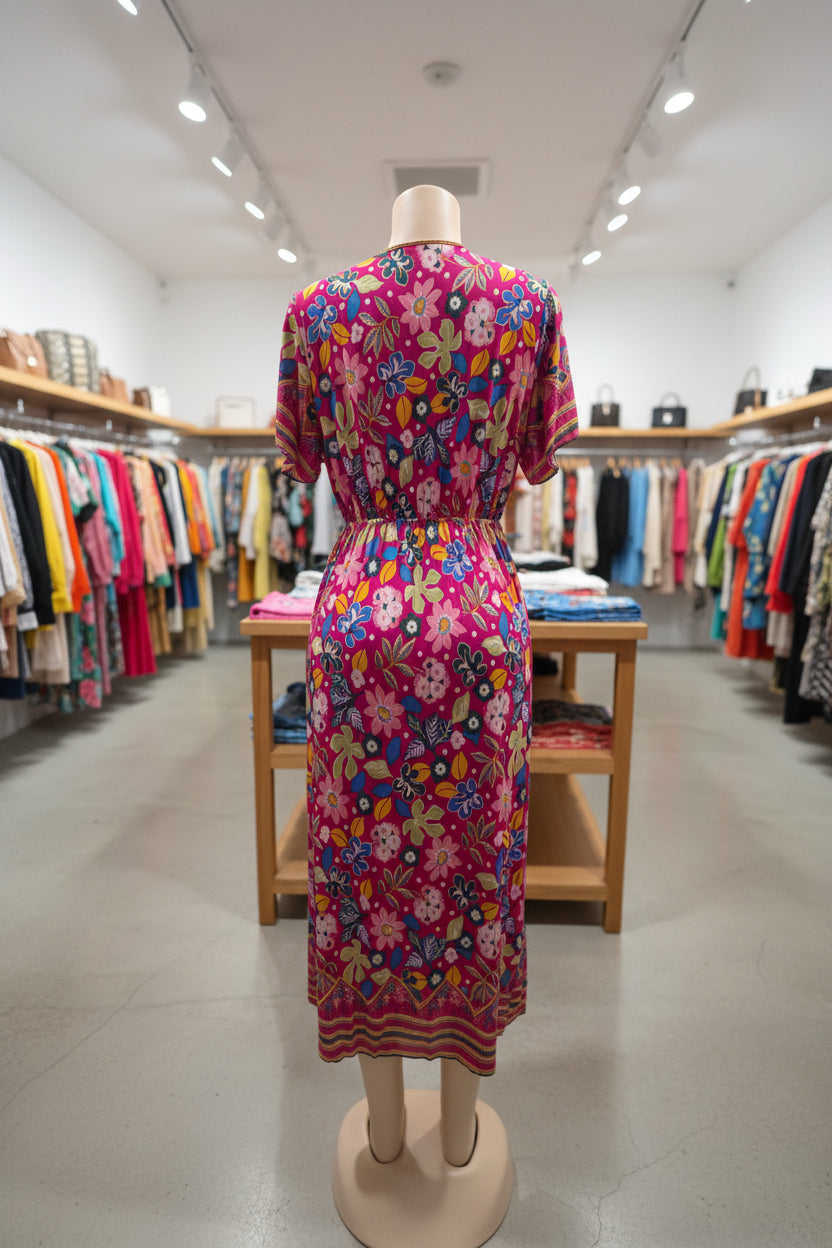 Vestido Floral Largo con Escote en V | Semitejido con Elástico en Cintura