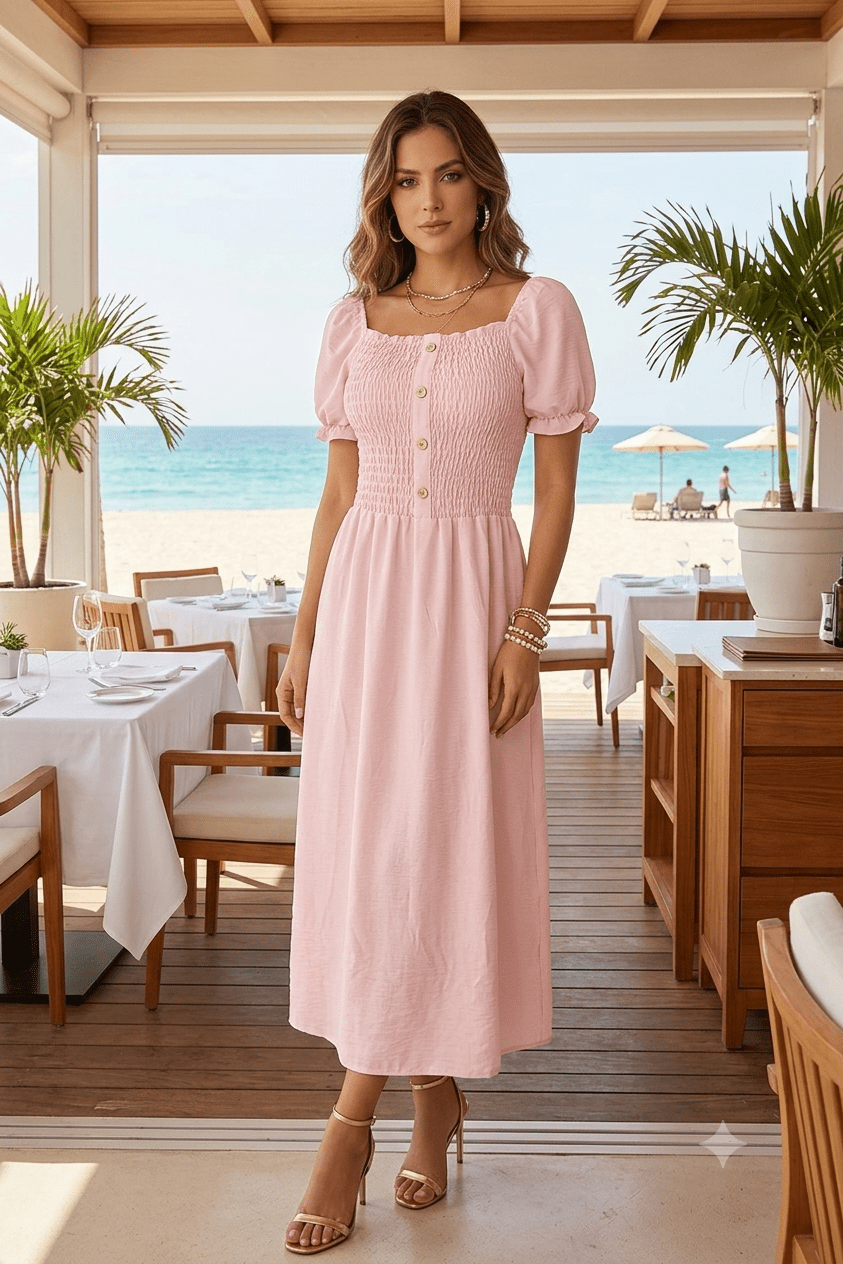 Casual Long Dress with Heart Print & Adjustable Tie | Stretch | Angelique Boutique