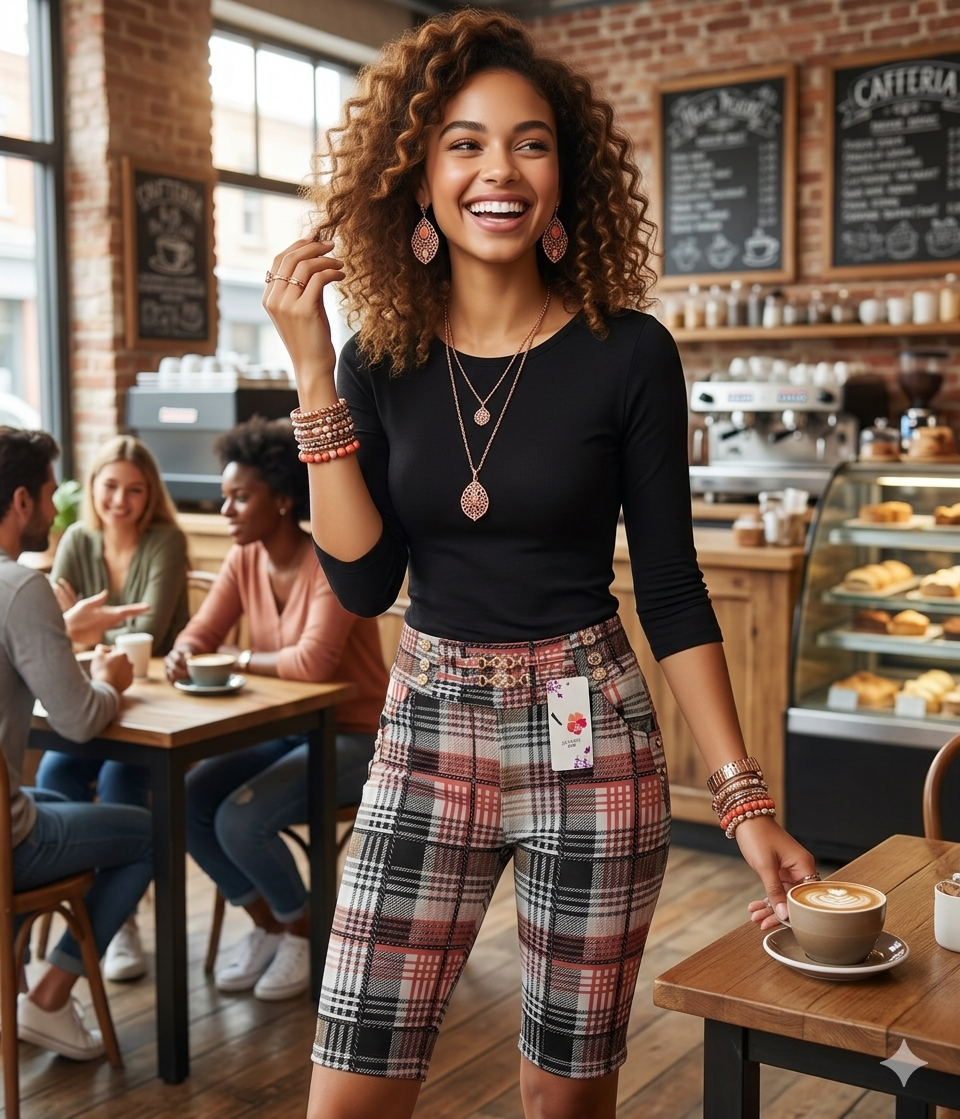 Pantalón Capri de Cuadros con Cadena y Botones | Cintura Elástica