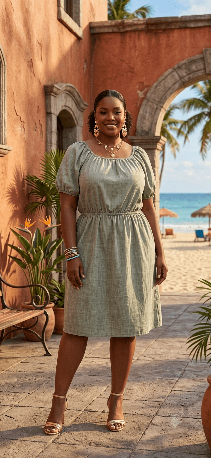 Short Linen Dress with Puff Sleeves