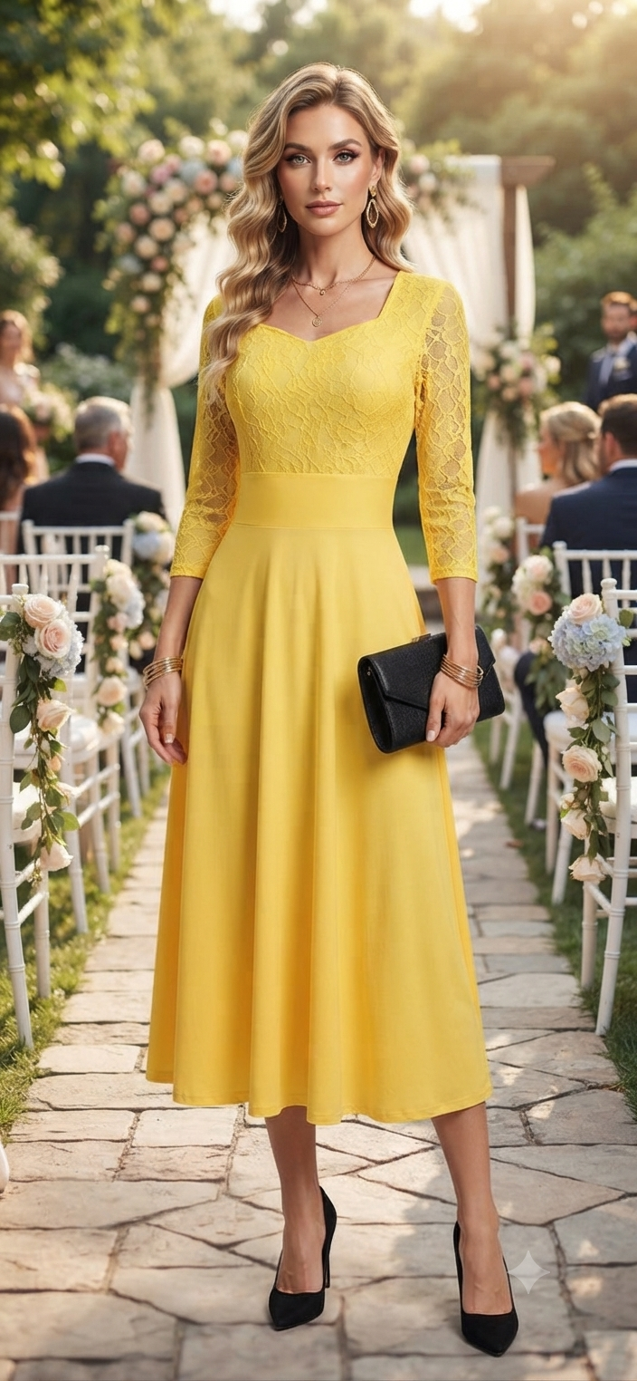 Elegant Lace Midi Dress with Flared Skirt