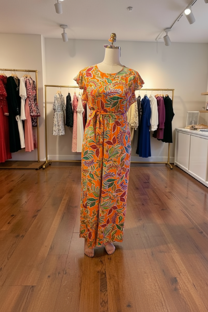 Enterizo Floral Manga Corta con Cinturón | Naranja & Negro | Tallas G–XG