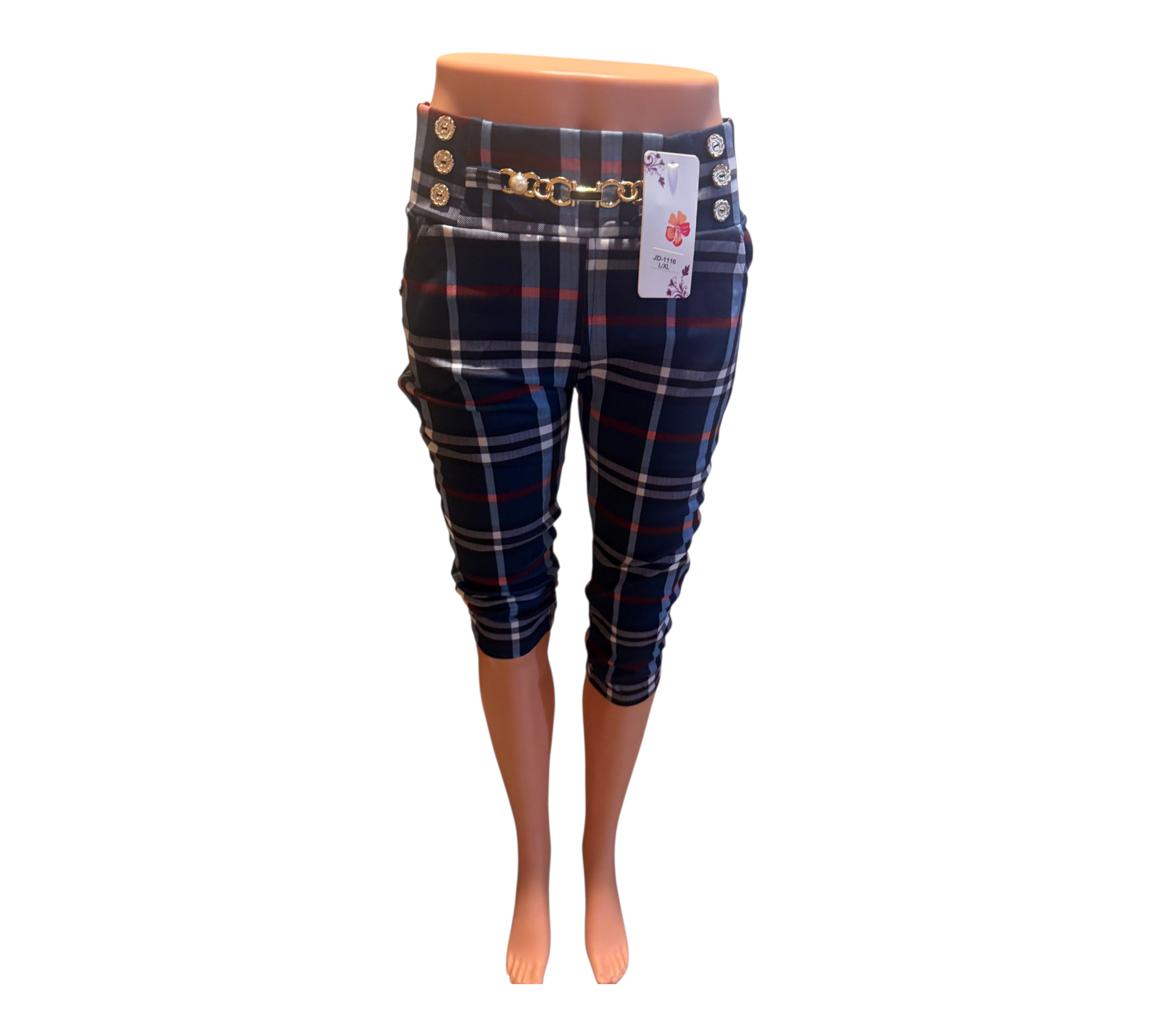 Pantalón Capri de Cuadros con Cadena y Botones | Cintura Elástica