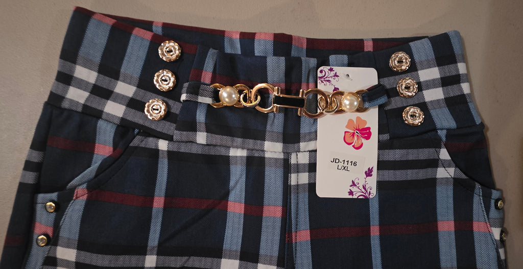 Pantalón Capri de Cuadros con Cadena y Botones | Cintura Elástica