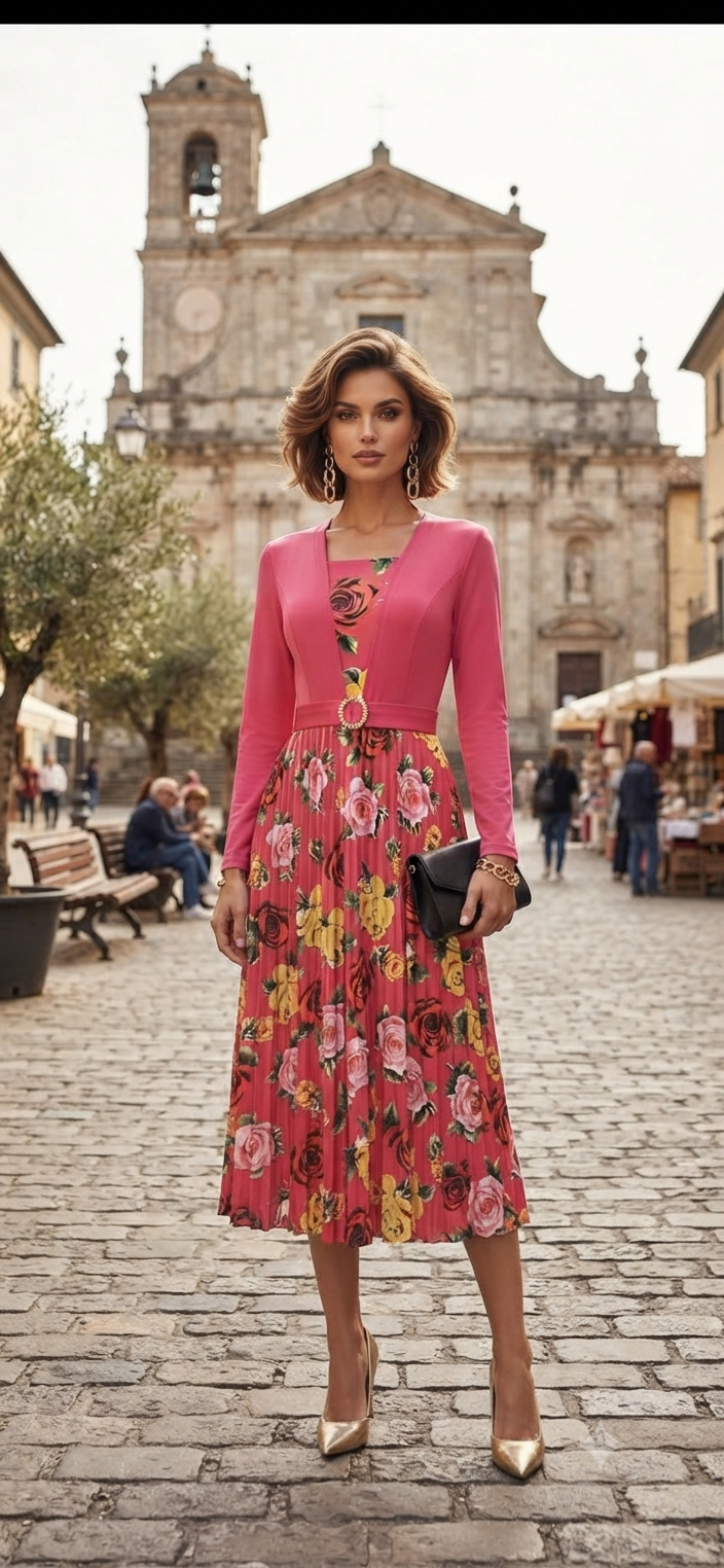 Women's Floral Midi Dress with Matching Cardigan