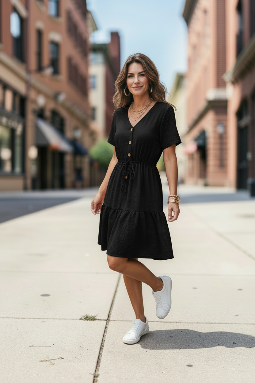 Vestido Corto con Escote en V | Botones y Cinta Ajustable en la Cintura