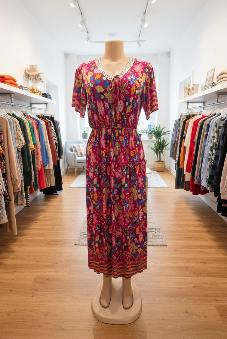 Vestido Floral Largo con Escote en V | Semitejido con Elástico en Cintura