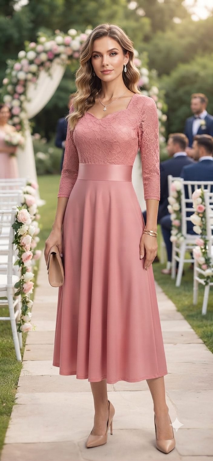 Elegant Lace Midi Dress with Flared Skirt