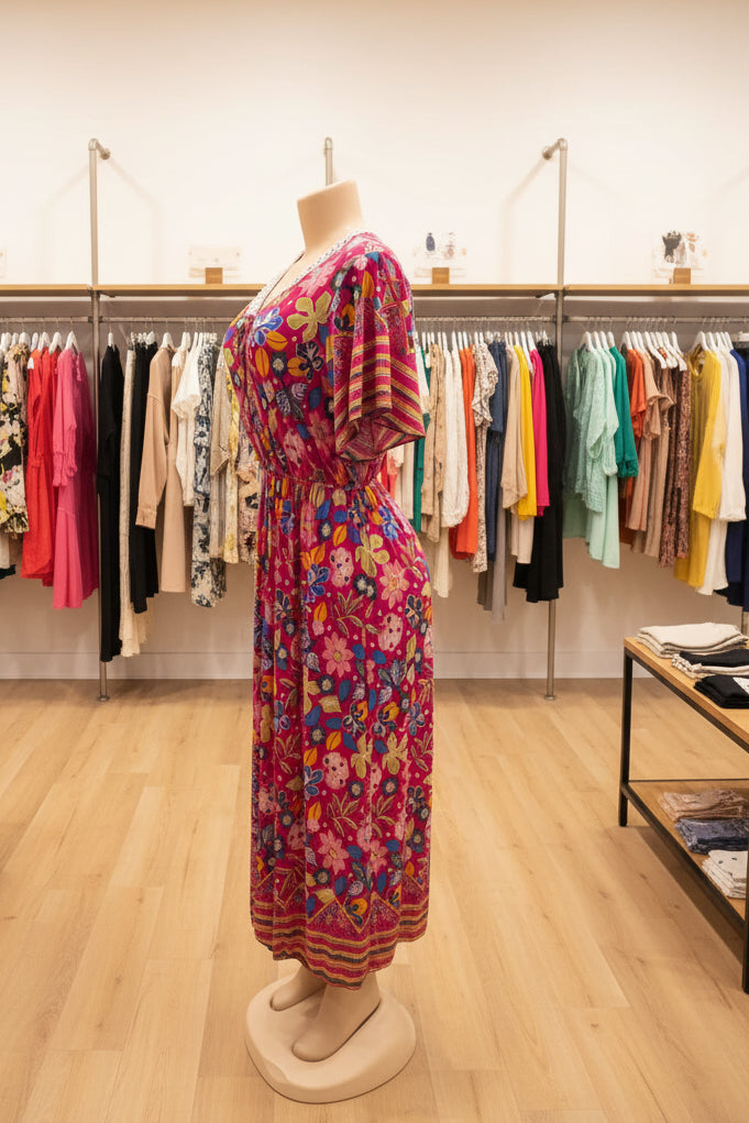 Vestido Floral Largo con Escote en V | Semitejido con Elástico en Cintura