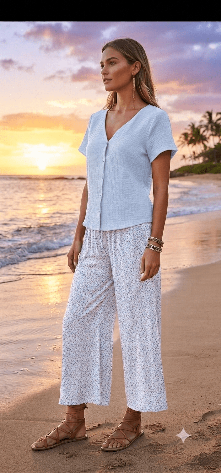 V-Neck Button-Up Linen-Texture Blouse | Angelique Boutique