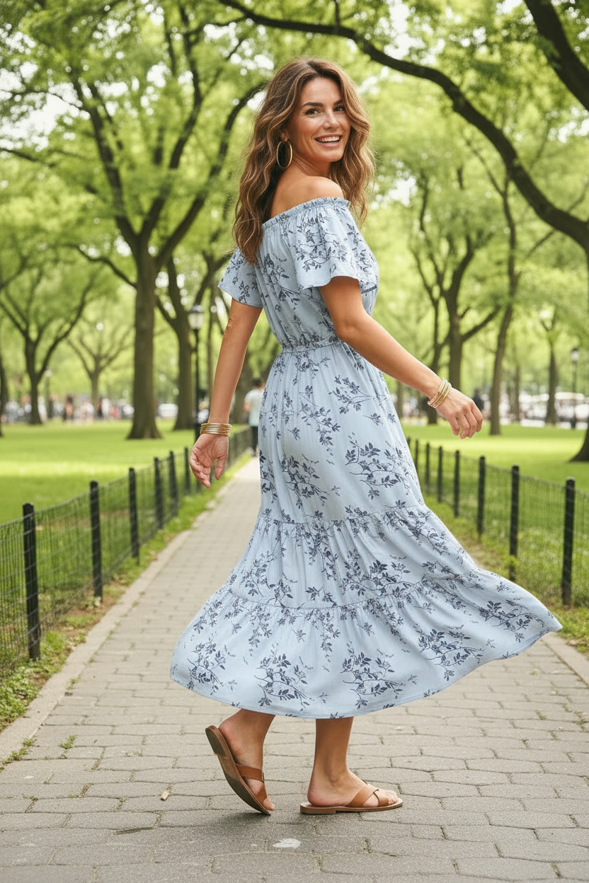 Vestido Largo Floral con Volantes en los Hombros – 2 Estilos en 1 | 65% Seda / 35% Poliéster