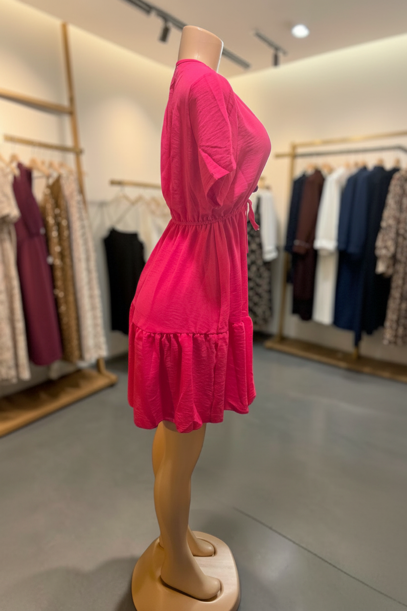 Vestido Corto con Escote en V | Botones y Cinta Ajustable en la Cintura
