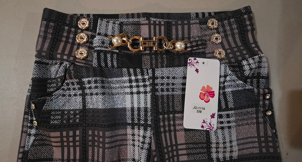 Pantalón Capri de Cuadros con Cadena y Botones | Cintura Elástica