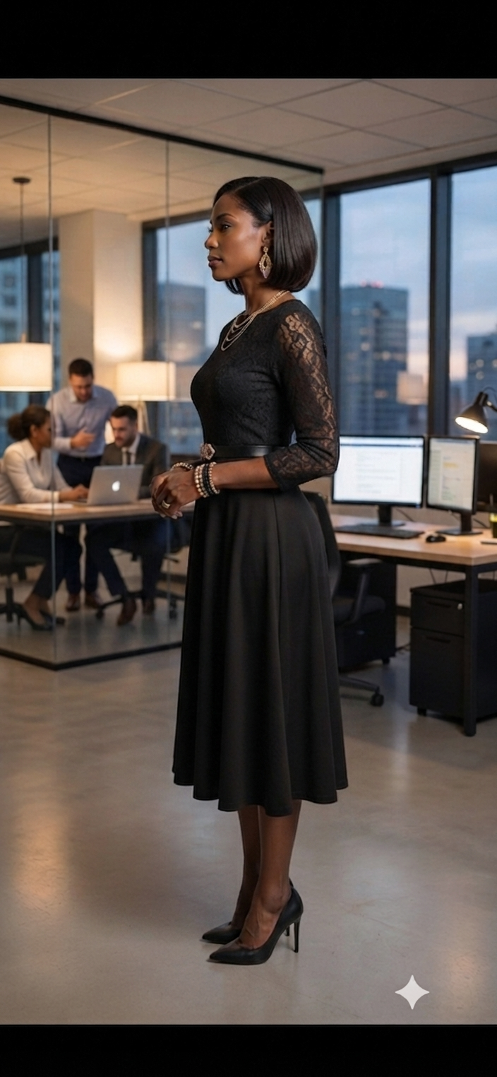Elegant Lace Midi Dress with Flared Skirt