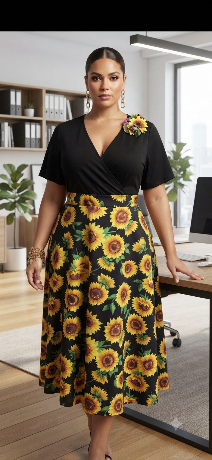 Sunflower Print Wrap Midi Dress