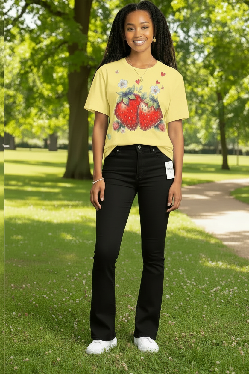 Blusa de Fresa con Pedrería y Brillo | Manga Corta Cuello Redondo