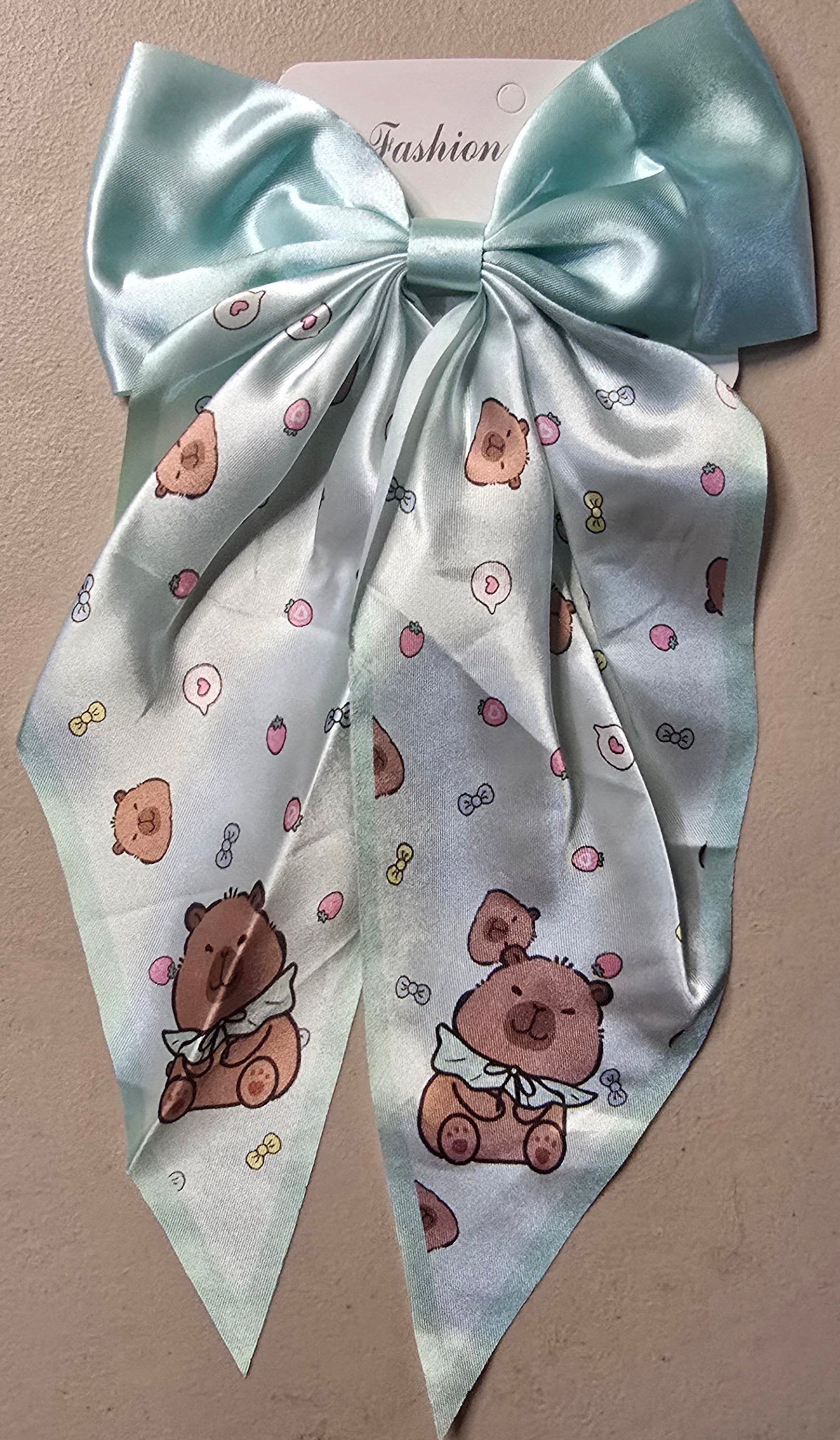 Capybara Coquette Satin Hair Bow for Girls – Long Ribbon Bow Clip