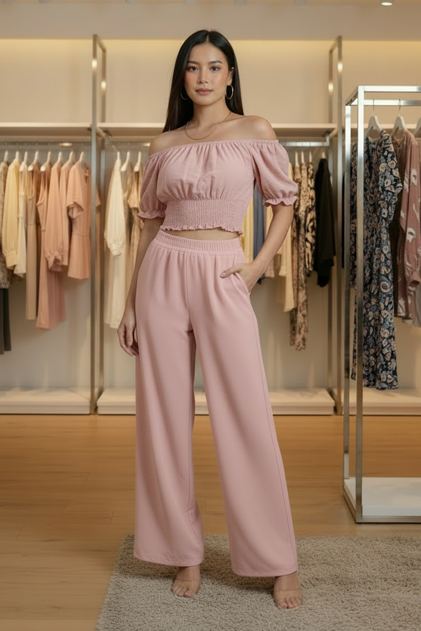 Set de 2 Piezas Mujer Top y Pantalón Fluido | Verde Claro Rosa Kaki Morado