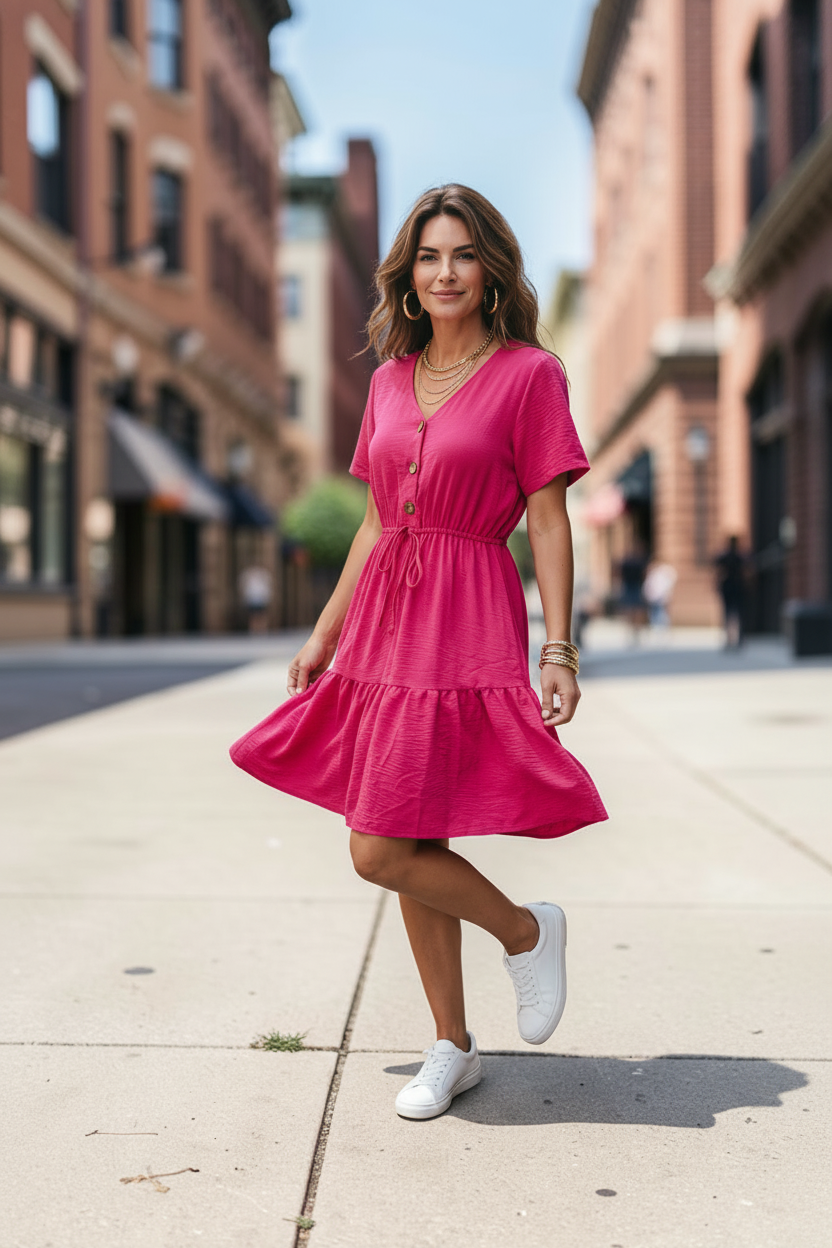 Vestido Corto con Escote en V | Botones y Cinta Ajustable en la Cintura