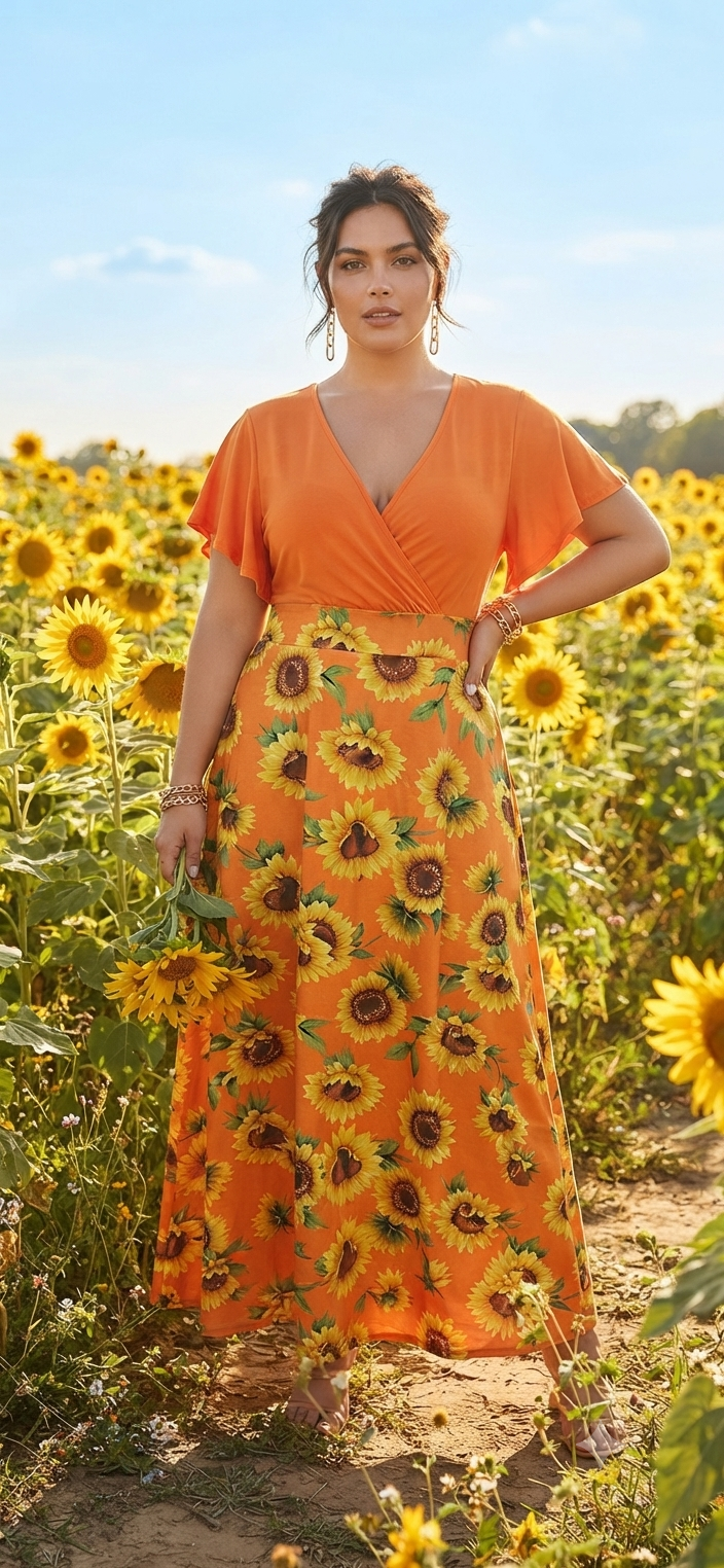 Sunflower Print Wrap Midi Dress