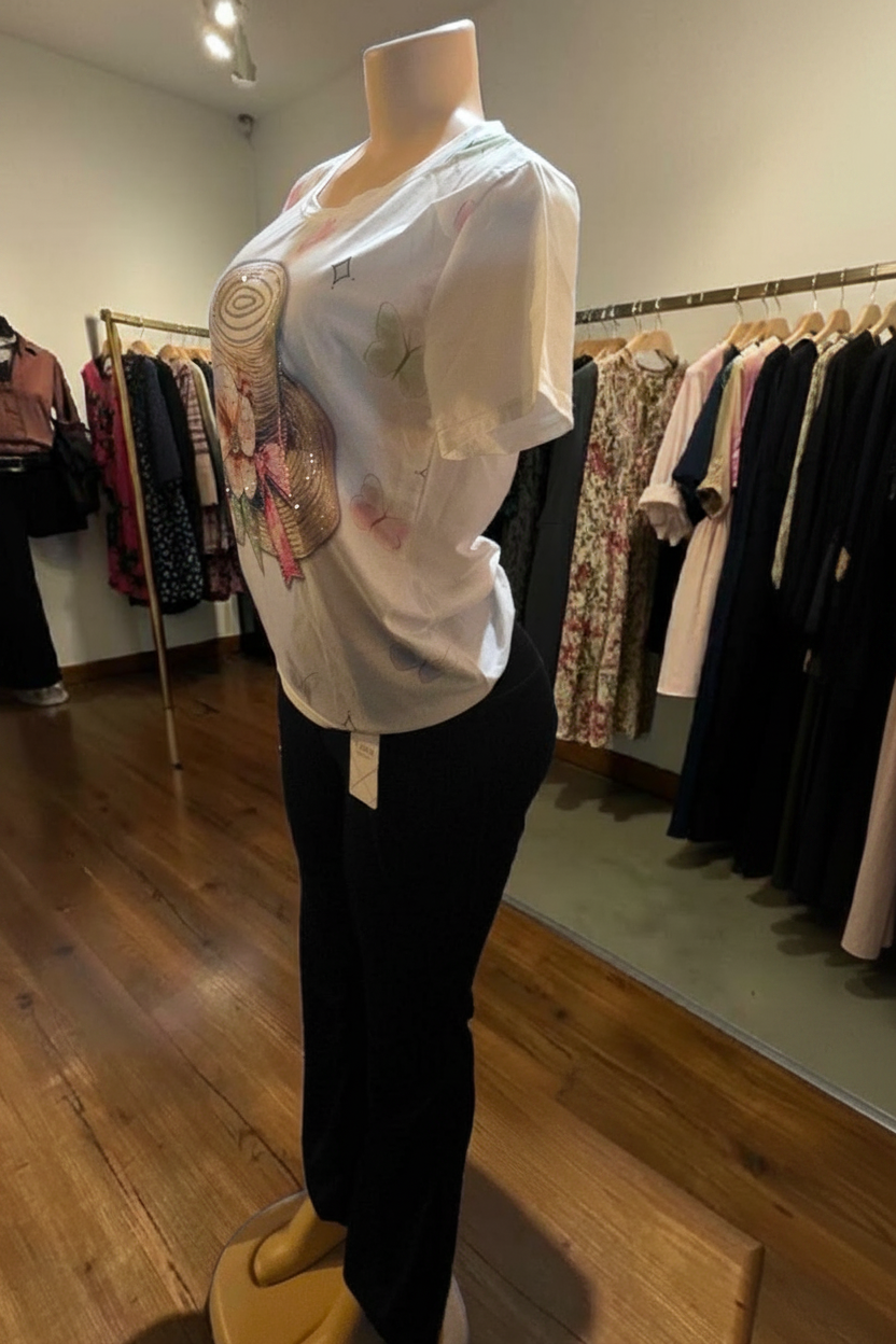 Blusa de Sombrero con Brillo y Pedrería | Manga Corta Femenina