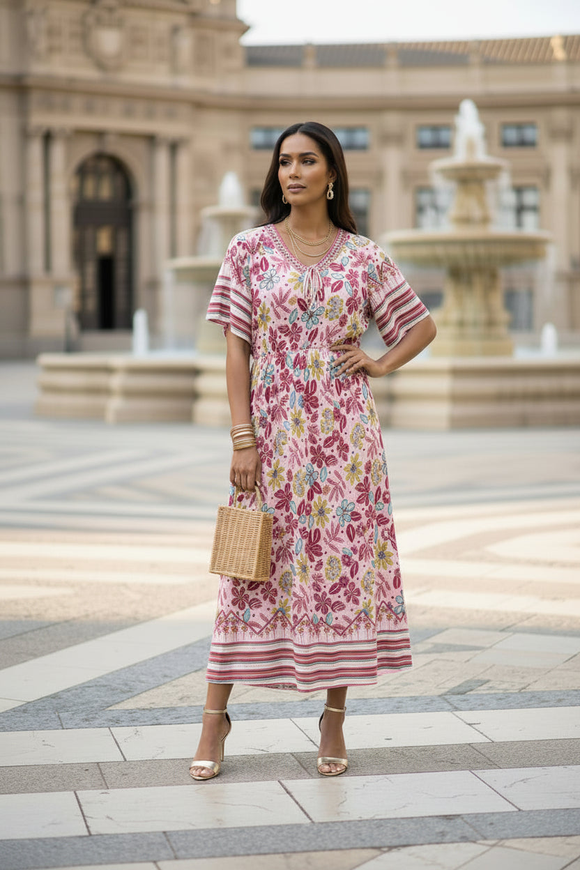 Vestido Floral Largo con Escote en V | Semitejido con Elástico en Cintura