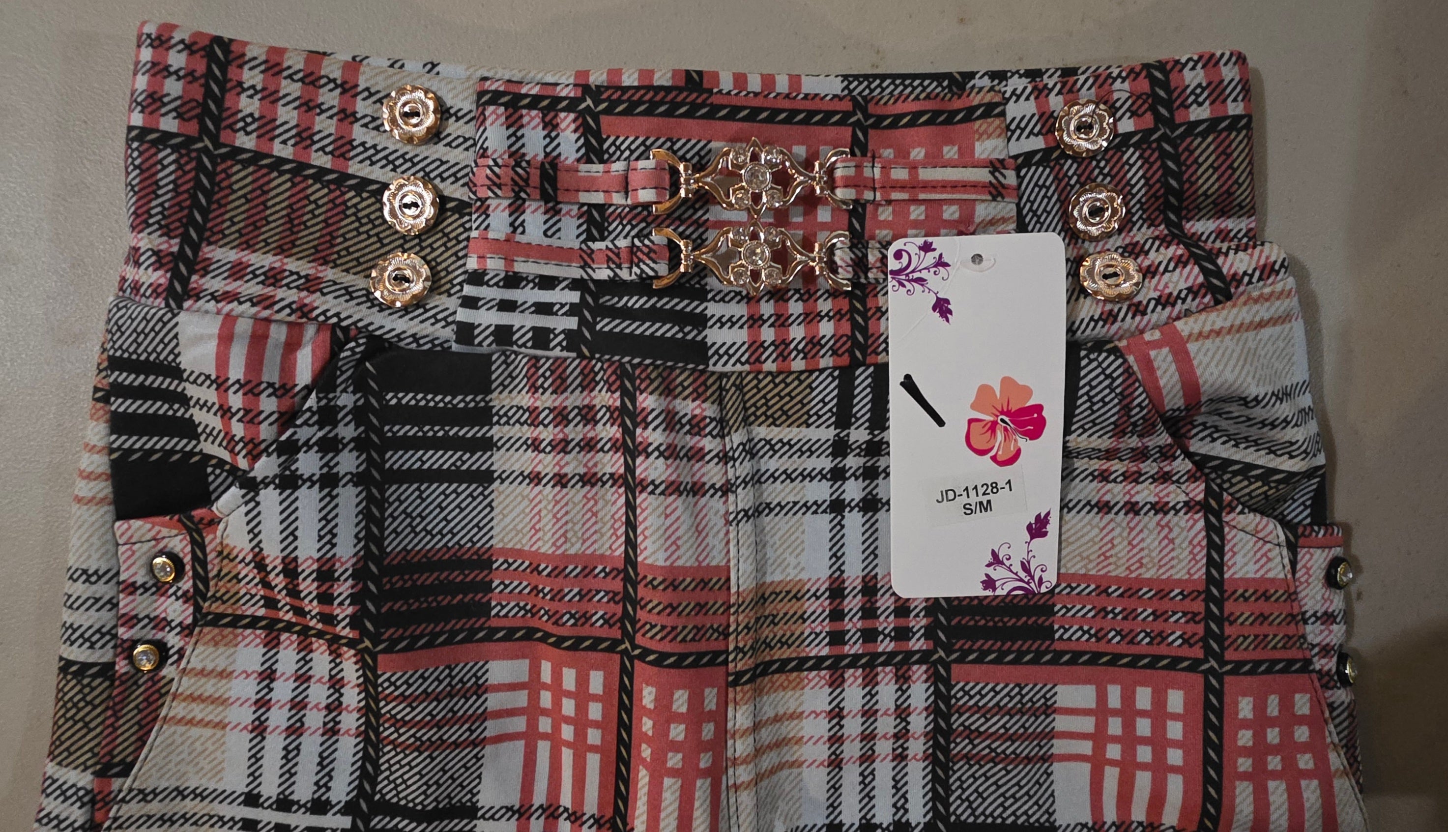 Pantalón Capri de Cuadros con Cadena y Botones | Cintura Elástica
