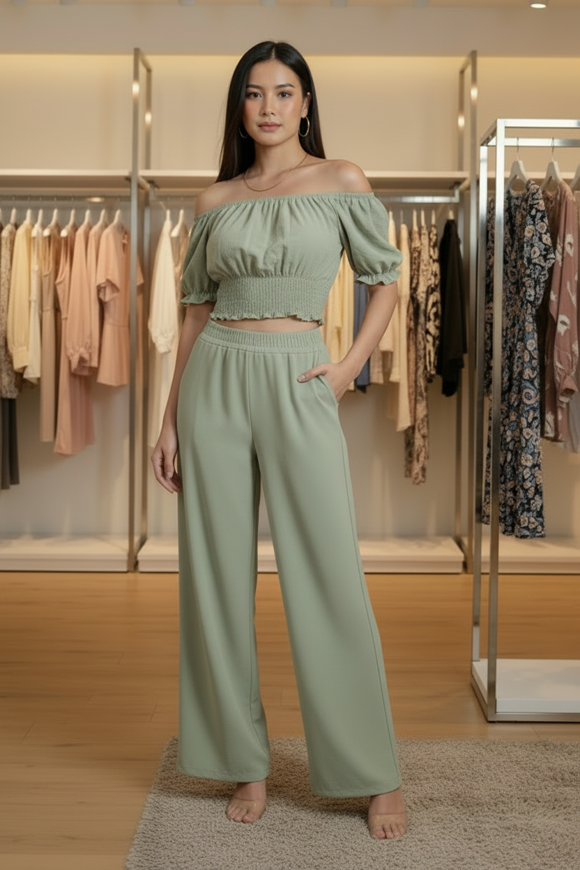 Set de 2 Piezas Mujer Top y Pantalón Fluido | Verde Claro Rosa Kaki Morado