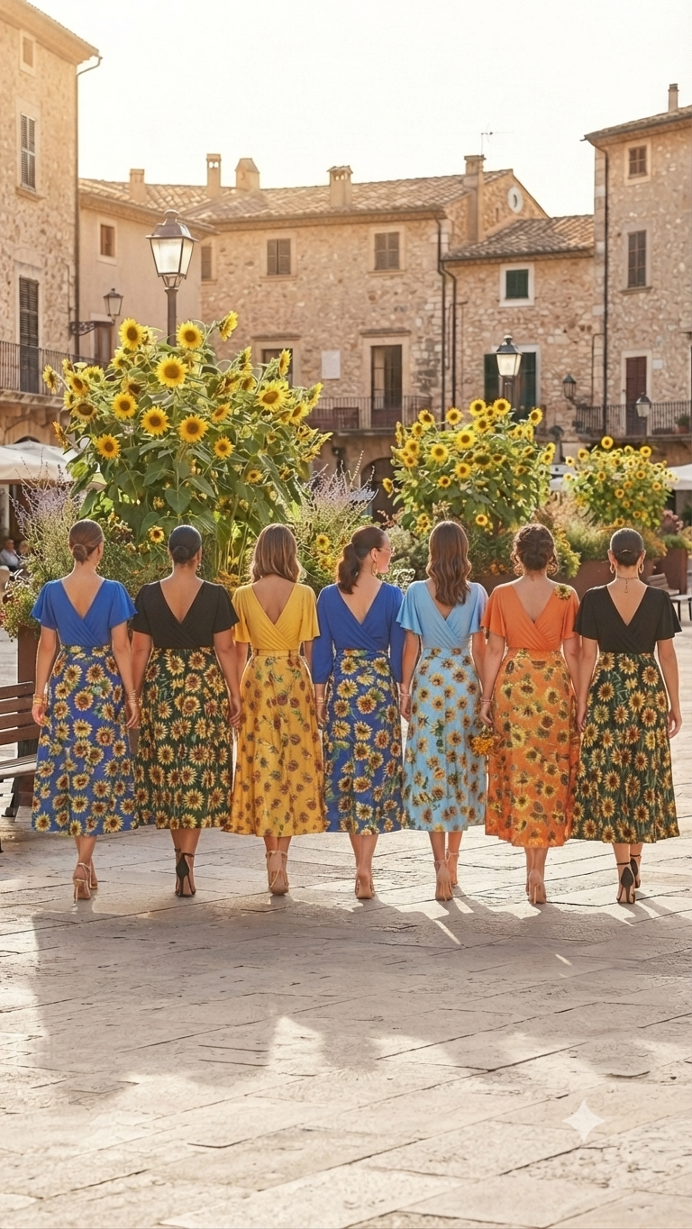 Sunflower Print Wrap Midi Dress