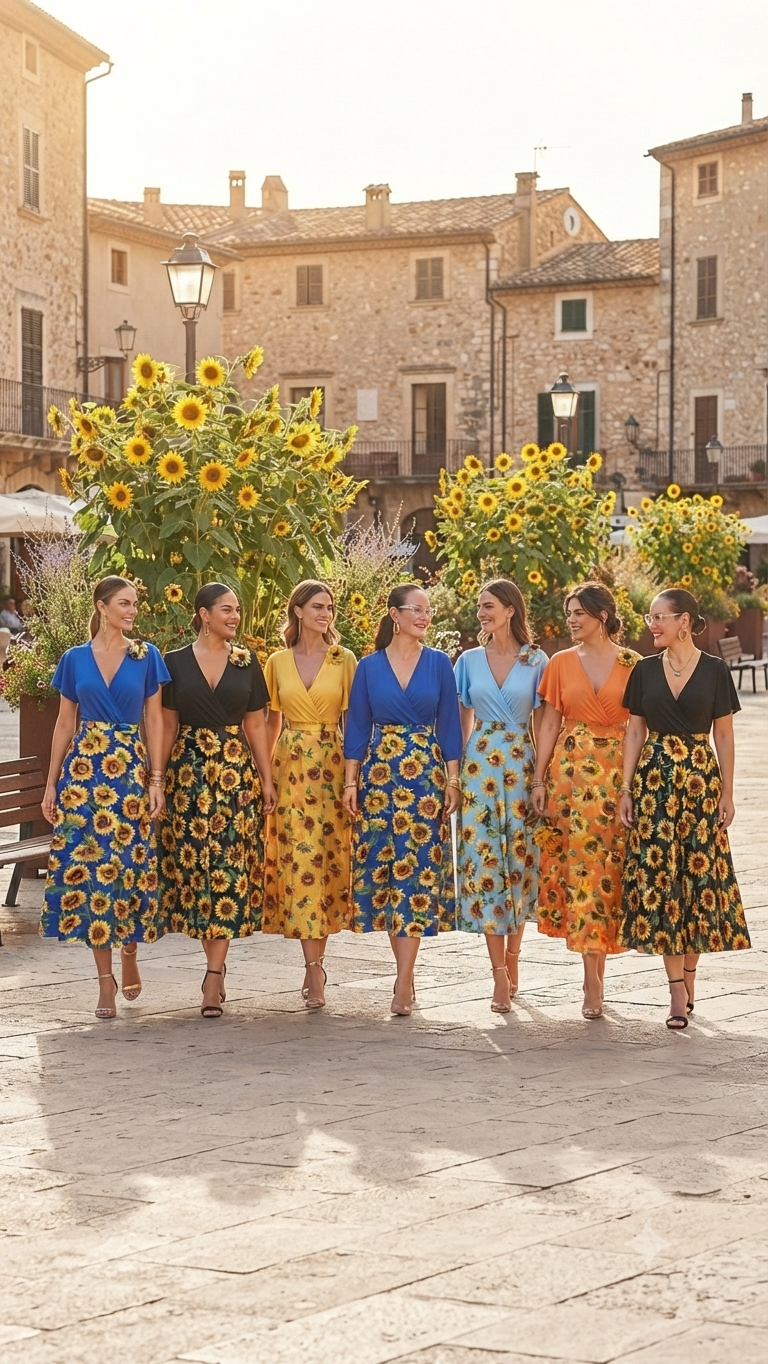 Sunflower Print Wrap Midi Dress