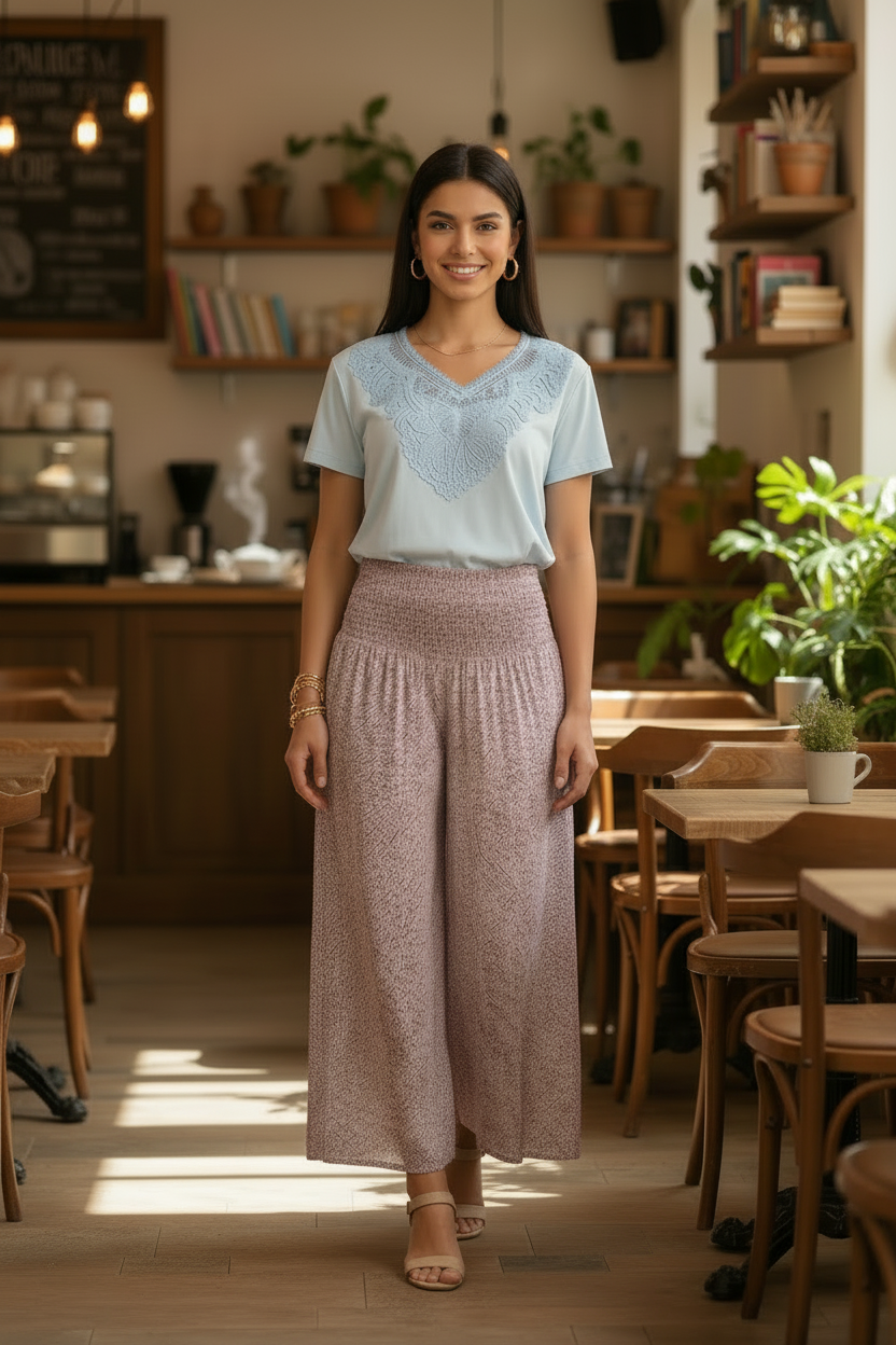 Blusa Manga Corta Bordada con Encaje, Crochet y Mariposa en Lentejuelas – 95% Algodón / 5% Spandex