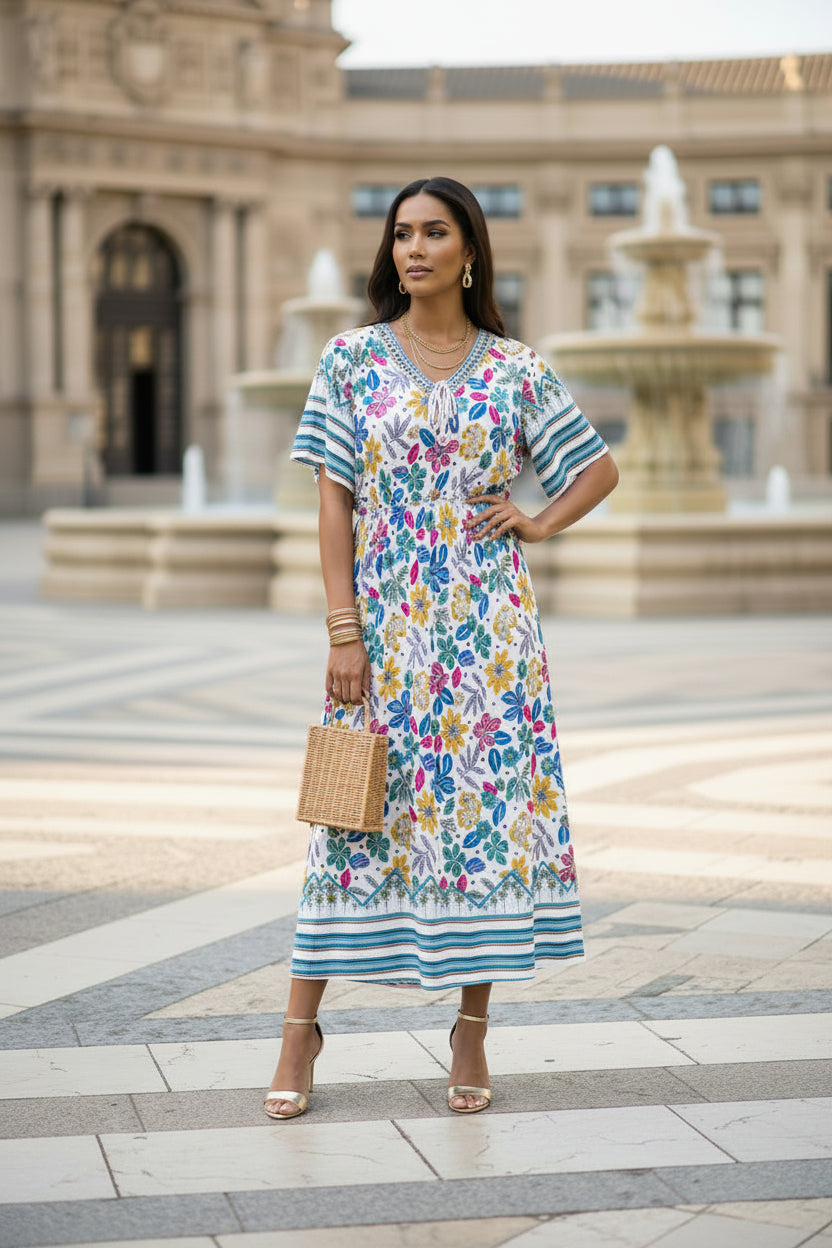 Vestido Floral Largo con Escote en V | Semitejido con Elástico en Cintura
