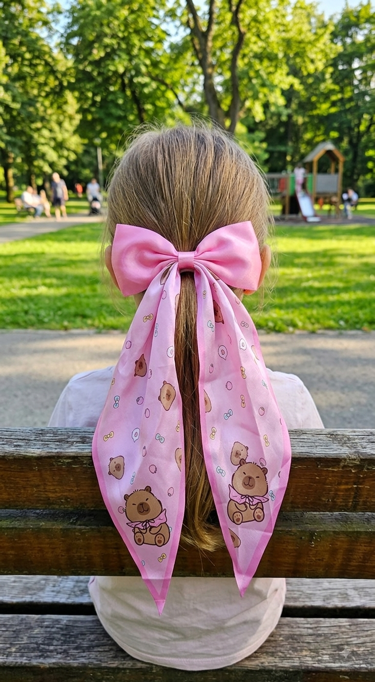 Capybara Coquette Satin Hair Bow for Girls – Long Ribbon Bow Clip