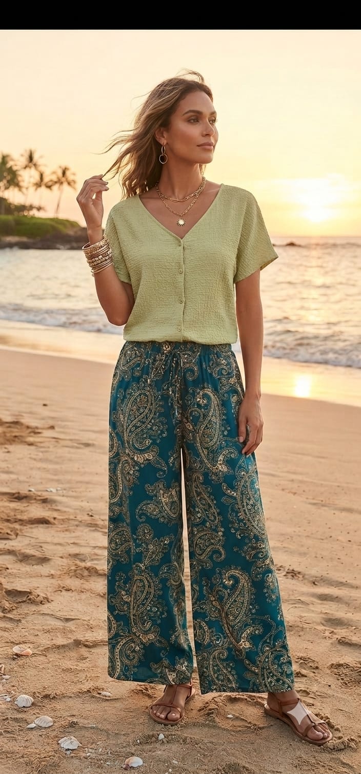 V-Neck Button-Up Linen-Texture Blouse | Angelique Boutique