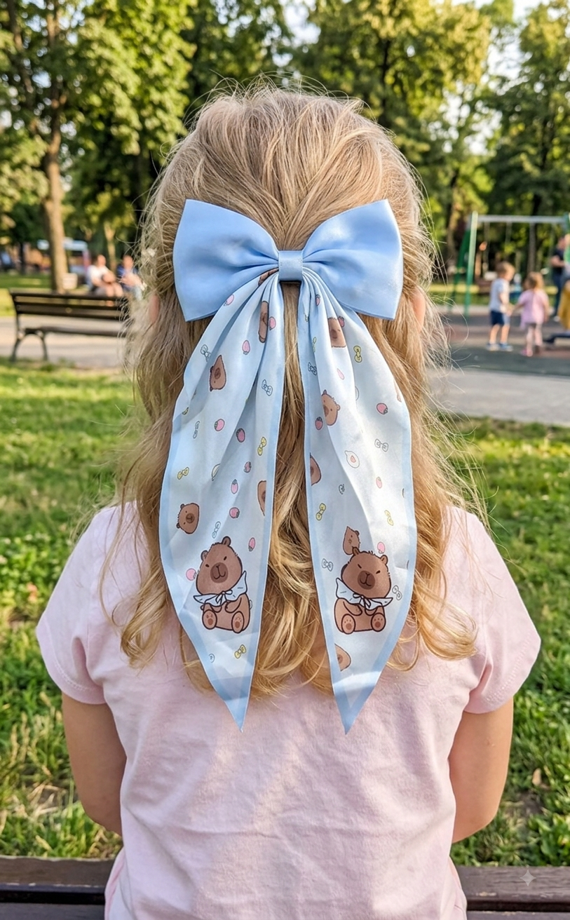 Capybara Coquette Satin Hair Bow for Girls – Long Ribbon Bow Clip
