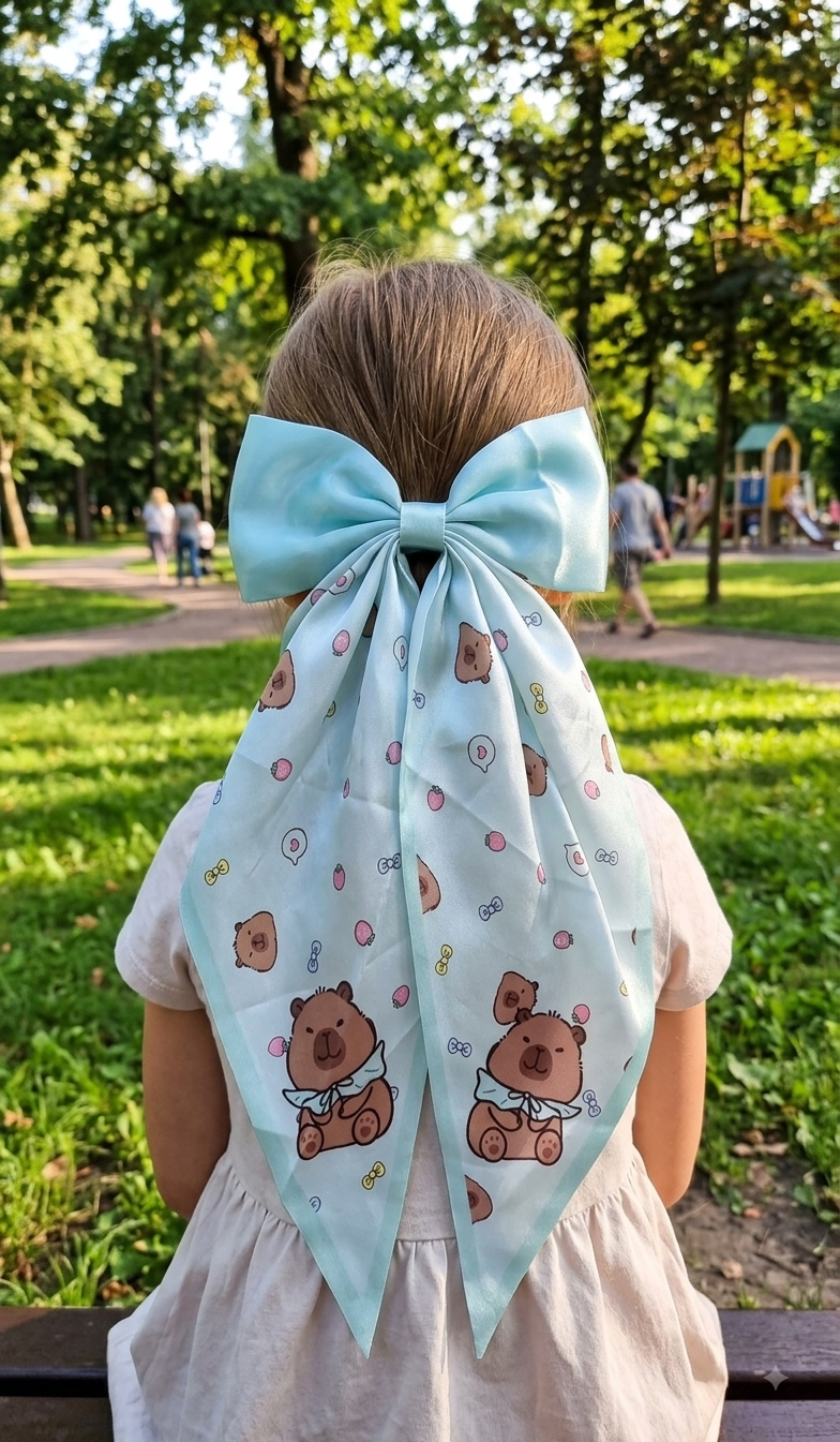 Capybara Coquette Satin Hair Bow for Girls – Long Ribbon Bow Clip