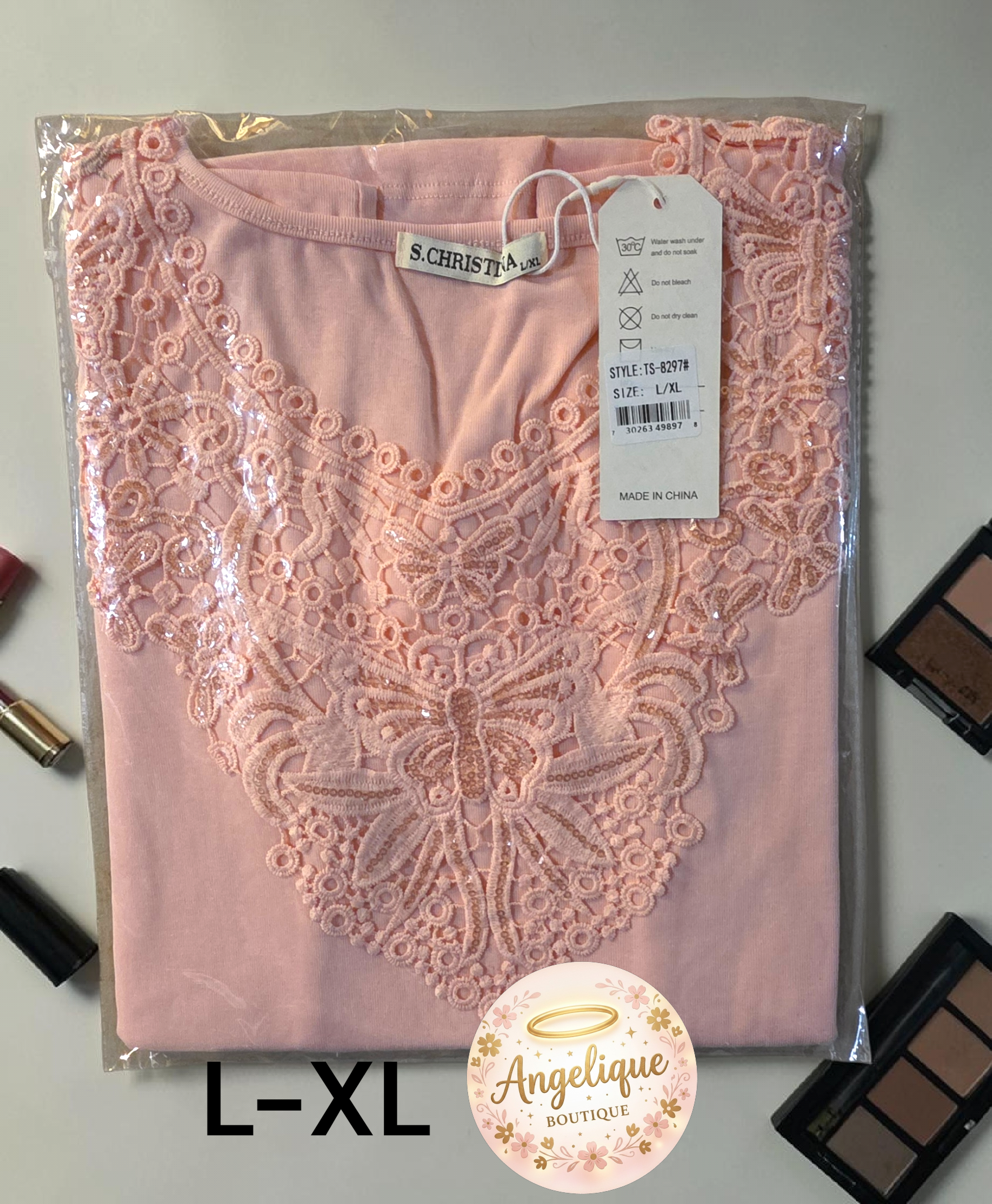 Blusa Manga Corta Bordada con Encaje, Crochet y Mariposa en Lentejuelas – 95% Algodón / 5% Spandex