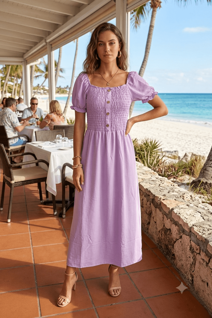 Casual Long Dress with Heart Print & Adjustable Tie | Stretch | Angelique Boutique
