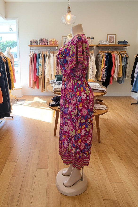 Vestido Floral Largo con Escote en V | Semitejido con Elástico en Cintura