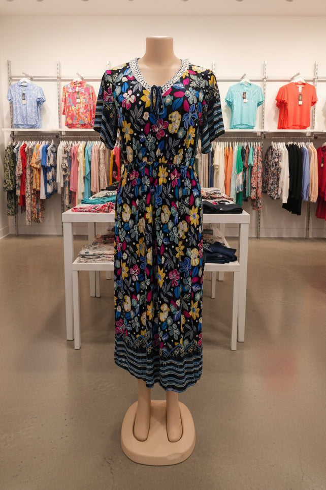 Vestido Floral Largo con Escote en V | Semitejido con Elástico en Cintura