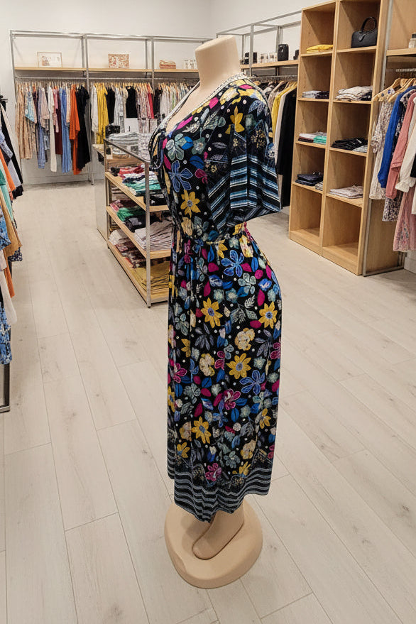 Vestido Floral Largo con Escote en V | Semitejido con Elástico en Cintura