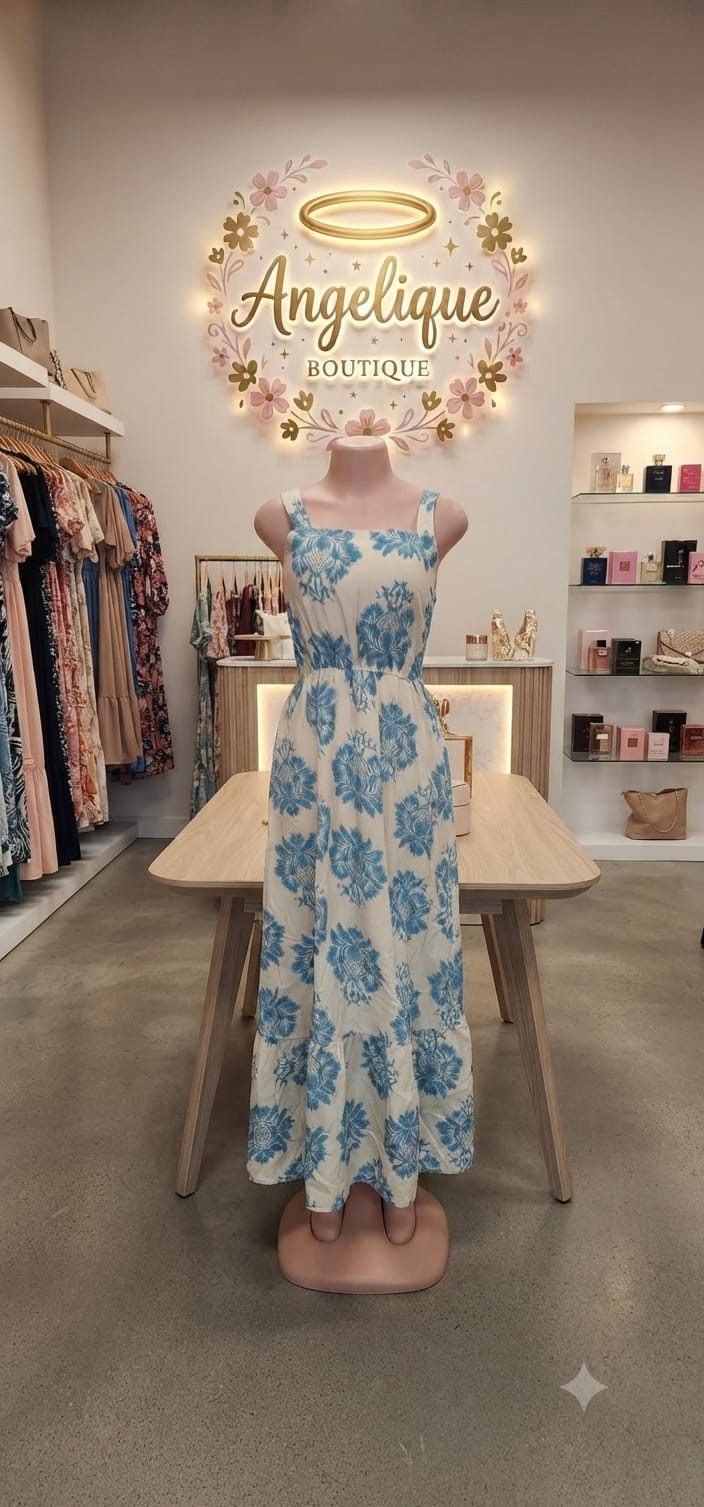 Vestido Maxi Largo Floral Cuello Cuadrado Pequeño-Mediano y Grande-Extragrande