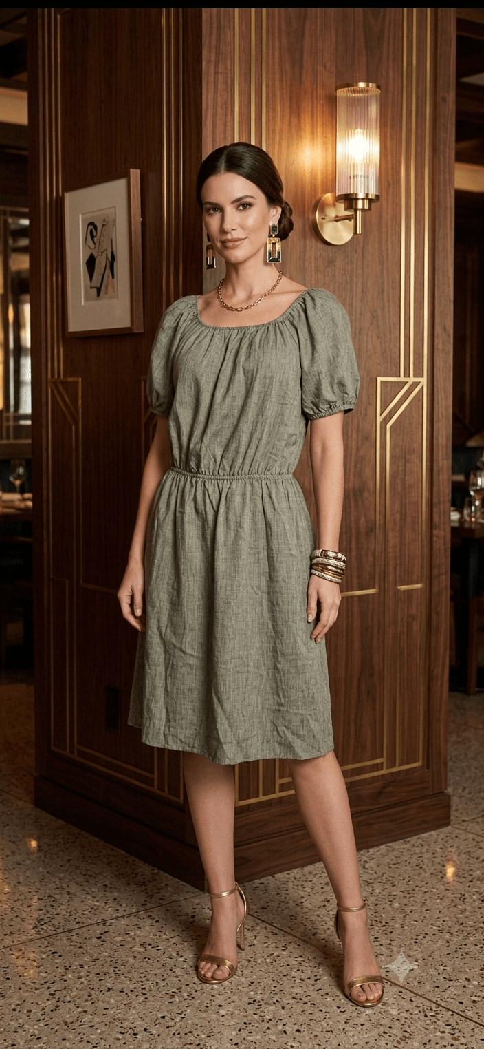 Short Linen Dress with Puff Sleeves