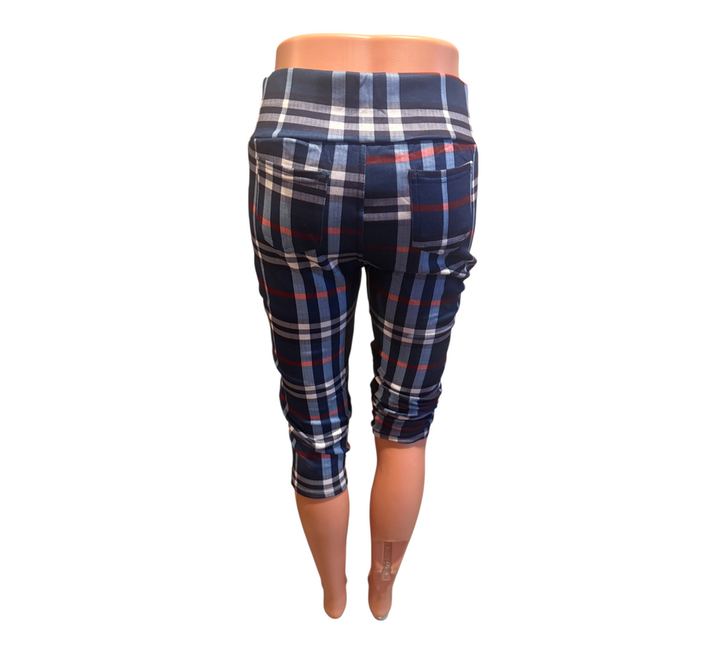 Pantalón Capri de Cuadros con Cadena y Botones | Cintura Elástica