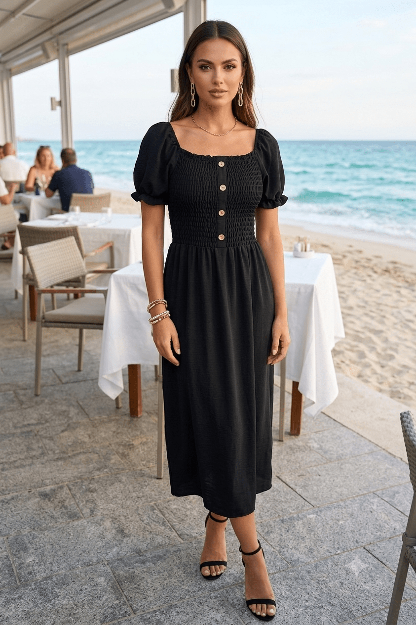 Casual Long Dress with Heart Print & Adjustable Tie | Stretch | Angelique Boutique
