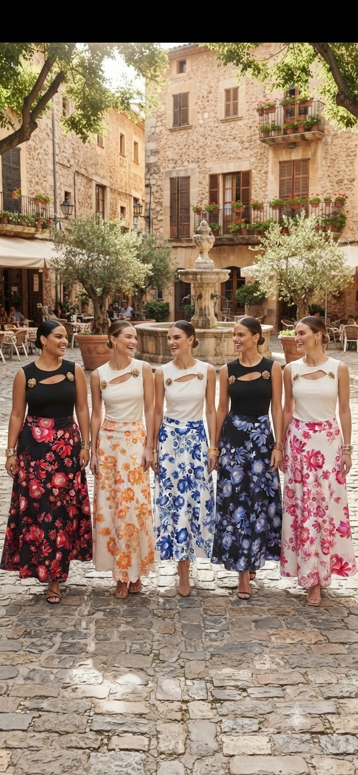 Floral A-Line Midi Skirt & Cutout Top Set
