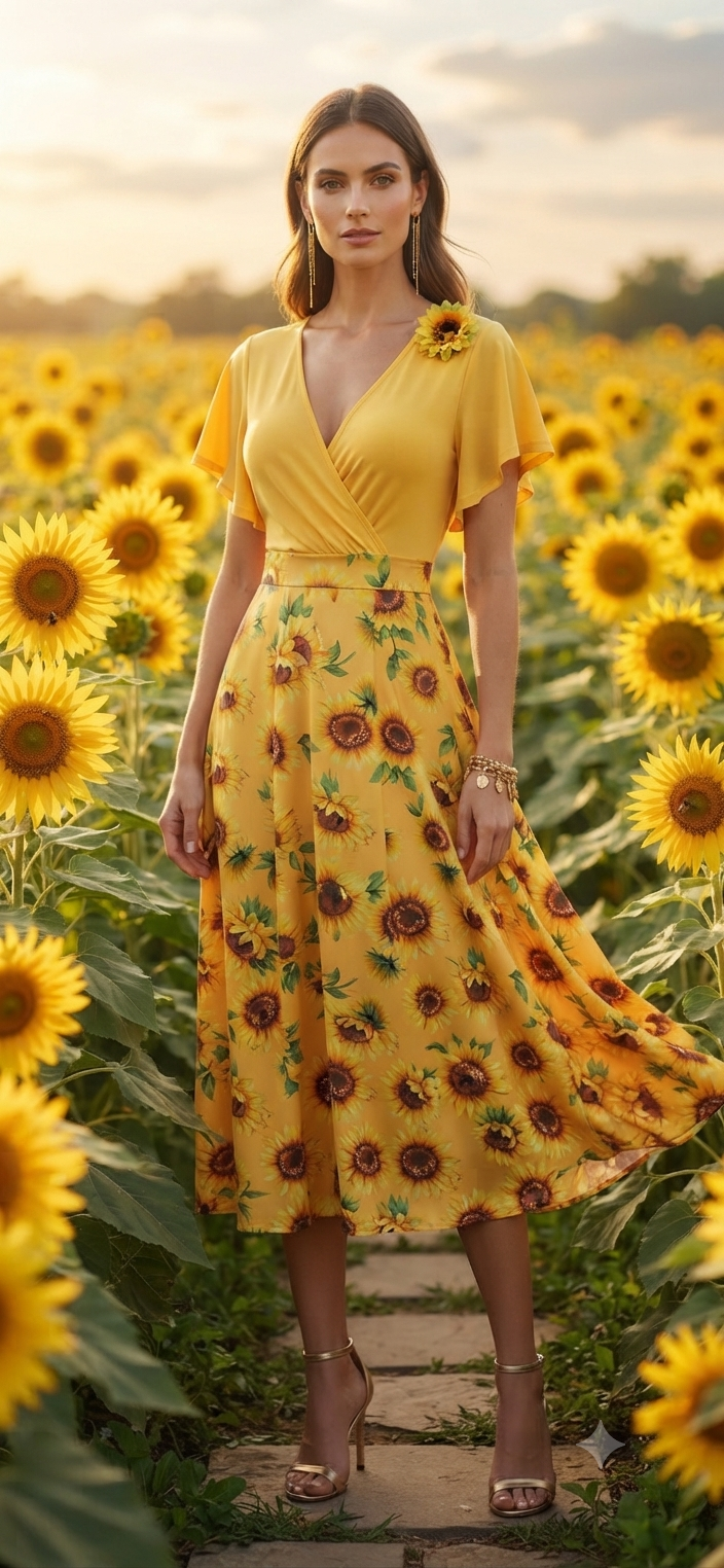 Sunflower Print Wrap Midi Dress