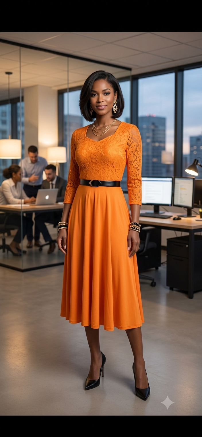 Elegant Lace Midi Dress with Flared Skirt